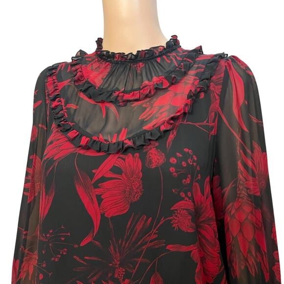 Zara Floral Chiffon Mini Dress Small Shift Swing Mod Long Sleeve Ruffle Black - Picture 2 of 10